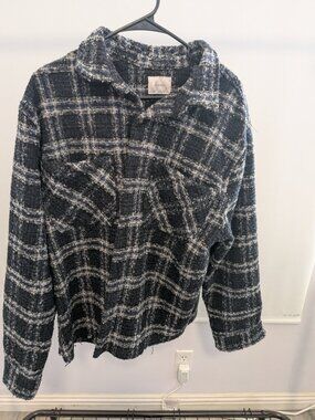 Black White Woven Plaid Flannel Jacket Shacket
